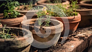 Fresh green seedling in terracotta pot brings new life outdoors generated by AI