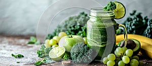 Fresh Green Smoothie in Glass Jar with Fruits and Vegetables