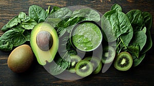 Fresh Green Smoothie Ingredients: Spinach Kiwi and Avocado photo
