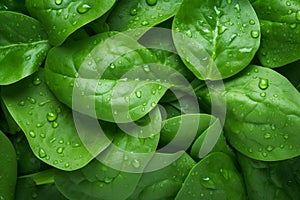 fresh green spinach leaves with water drops background. Vegetables backdrop