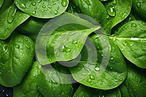 fresh green spinach leaves with water drops background. Vegetables backdrop