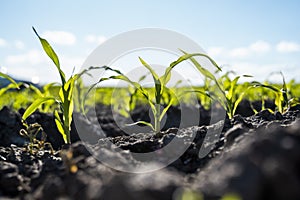 Fresh green sprouts of maize in spring on the field, soft focus. Growing young green corn seedling sprouts in cultivated