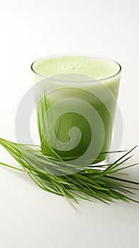 Fresh green sprouts of a wheat and a wheatgrass drink on a white background