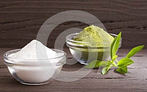 Fresh green Stevia herb and extract powder - Stevia rebaudiana.