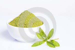 Fresh green leaves and stevia powder - Stevia rebaudiana. White background photo