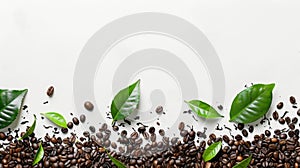 Fresh green tea leaves and roasted coffee beans on white background