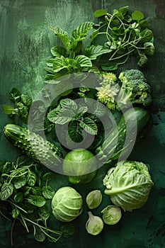 Fresh Green Vegetables Assortment on Dark Background - Healthy Organic Produce