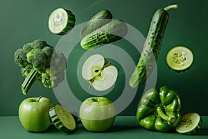 Fresh green vegetables and fruits falling on green background.