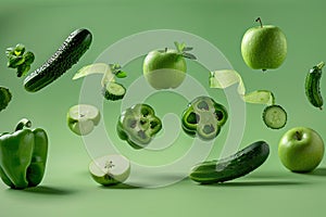 Fresh green vegetables and fruits falling on green background.