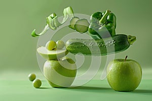 Fresh green vegetables and fruits falling on green background.