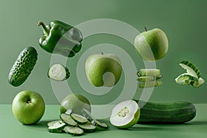 Fresh green vegetables and fruits falling on green background.