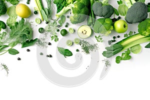 Fresh green vegetables and fruits on white background. Free space for text. Generative AI