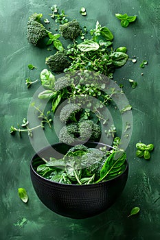 Fresh Green Vegetables and Herbs Arrangement on Dark Green Background with Black Bowl