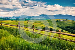 Fresh green view of Carpathians with Hoverla and Petros peaks on background.