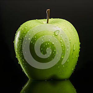 Fresh green wet apple fruit on black reflective background