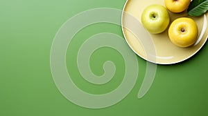 Fresh green and yellow apples on a plate. Fruit still life photography. Green background. Photo Ai generated