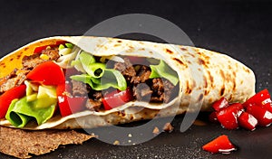 Fresh grilled donner or shawarma beef wrap roll hot in plain black background. Generative AI