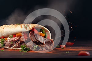 fresh grilled donner or shawarma beef wrap roll hot ready to serve and eat as wide banner with copyspace area.Generative AI