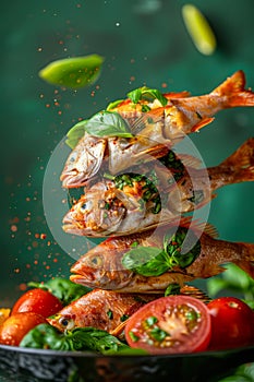 Fresh Grilled Fish with Herbs, Spices, and Vegetables on Dark Artistic Background, Healthy Gourmet Food Concept