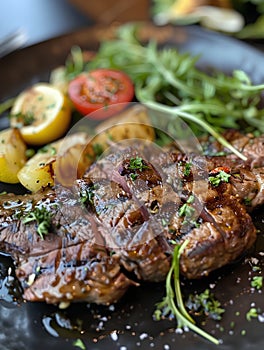 Fresh grilled meat. Juicy medium-rare beef steak with herbs