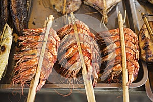 Fresh grilled prawns in kep market cambodia