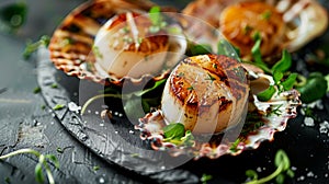 Fresh grilled scallops on shells with sea salt crystals and greens. Dark background. Top view. Generative AI