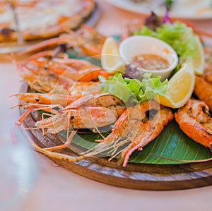 Fresh grilled thai river prawns at luxury restaurant