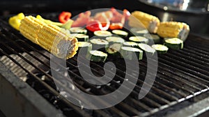 fresh grilled vegetables on barbecue for dinner. Healthy food, summer, family evening, holiday cooking in the garden