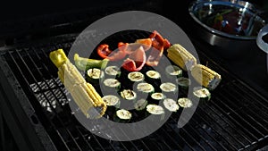 fresh grilled vegetables on barbecue for dinner. Healthy food, summer, family evening, holiday cooking in the garden