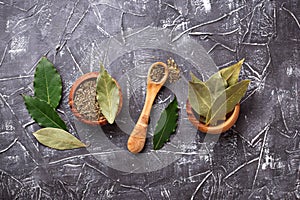 Fresh, ground and dried bay leaf