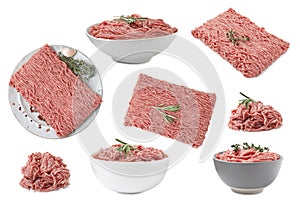 Fresh ground meat on white background, set