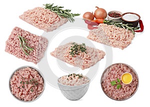 Fresh ground meat on white background, set