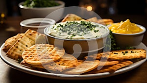 Fresh guacamole dip on a gourmet appetizer plate generated by AI