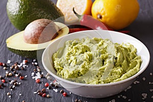 Fresh guacamole sauce with ingredients close-up. horizontal