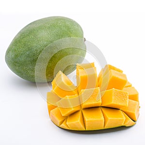 Fresh hainan mango / slices close up isolated on white / Macro