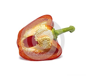 Fresh half of bell pepper isolated on white background. Sectional pepper, seeds, paprika.