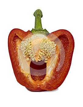 Fresh half of bell pepper isolated on white background. Sectional pepper, seeds, paprika.