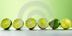 Fresh Halved Lemon Lined Up on Table. Sour Summer Citrus Fruit. Lime Slices on Green Background. Generative AI