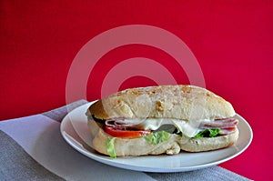 Fresh Ham Cheese Sandwich on Dish with Red Background