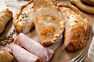 Fresh ham pie as appetiser and snack. Pastry products photo