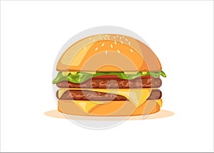 Fresh hamburger or cheeseburger in cartoon style. Vector home sandwiche, street food with deliciou topping isolated on a white