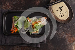 Fresh handmade vegan asian spring rolls with rice noodles, avoca