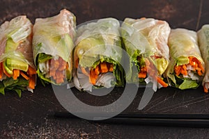 Fresh handmade vegan asian spring rolls with rice noodles, avoca