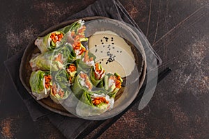 Fresh handmade vegan asian spring rolls with rice noodles, avoca