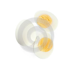 Fresh hard boiled chicken eggs isolated, top view