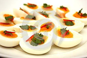 Fresh hard boiled eggs sliced with parsley.