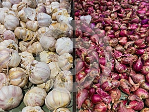 Flat Lay, Close-Up of Red Onions and Garlic in a Basket at a Supermarket