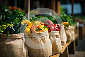 Fresh Harvest: Reusable Bags Filled with Vibrant Produce at Farmers Market