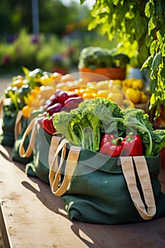 Fresh Harvest: Reusable Bags Filled with Vibrant Produce at Farmers Market