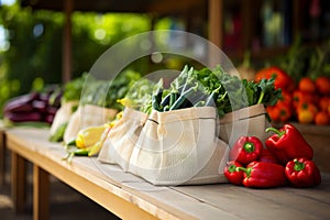 Fresh Harvest: Reusable Bags Filled with Vibrant Produce at Farmers Market